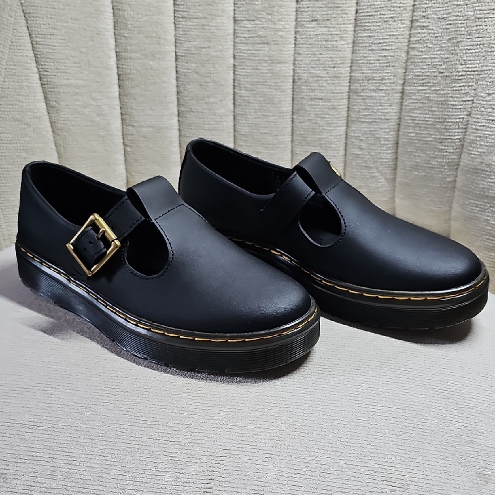 Dr. Martens Zavala Black Mary Jane Shoes with Gold Buckle